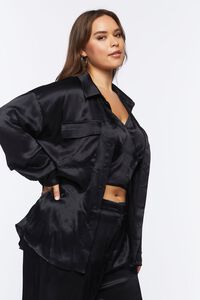 BLACK Plus Size Satin Cropped Cami & Shirt Set, image 2