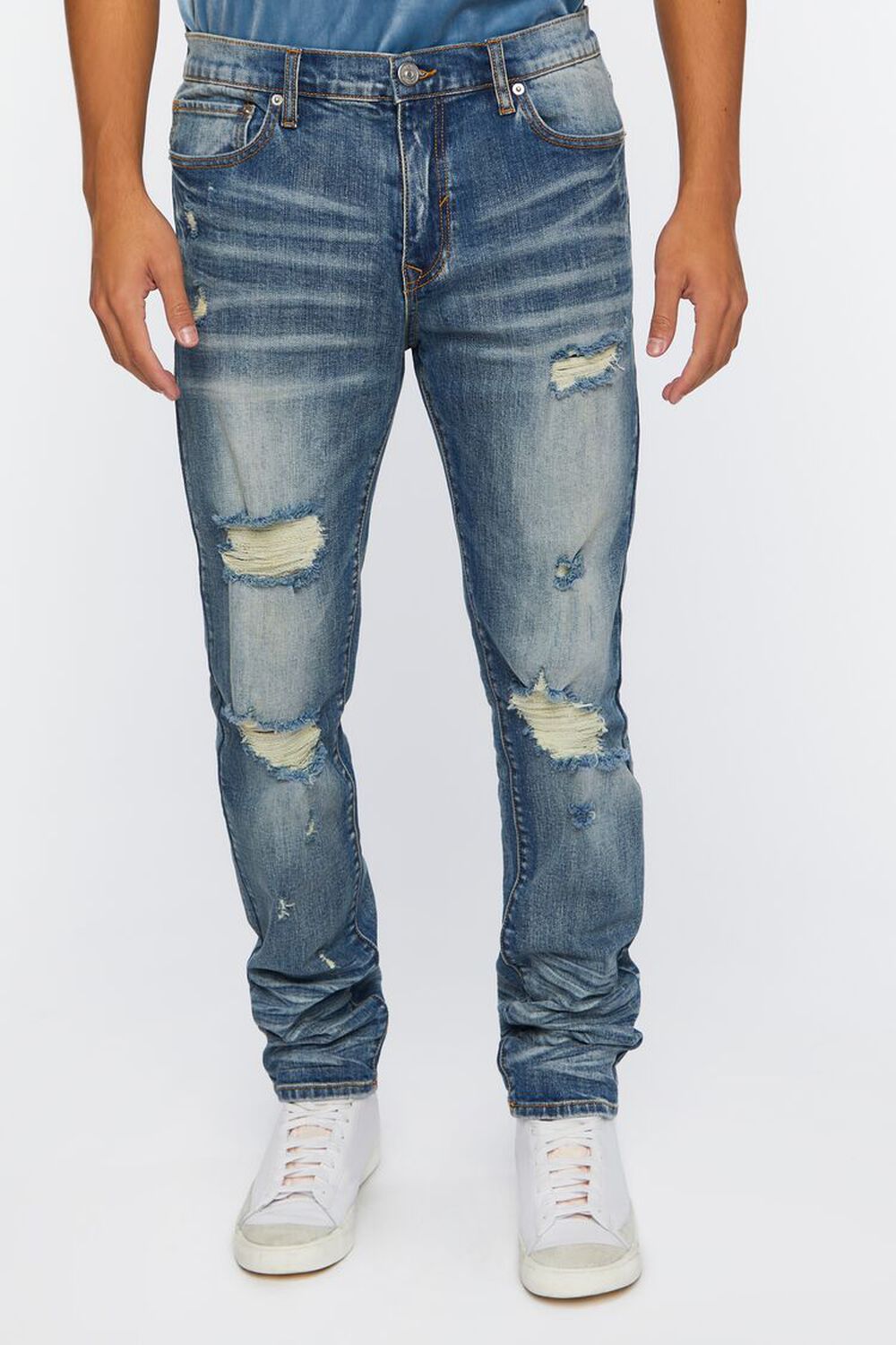 MEDIUM DENIM Distressed Stone Wash Slim-Fit Jeans, image 2
