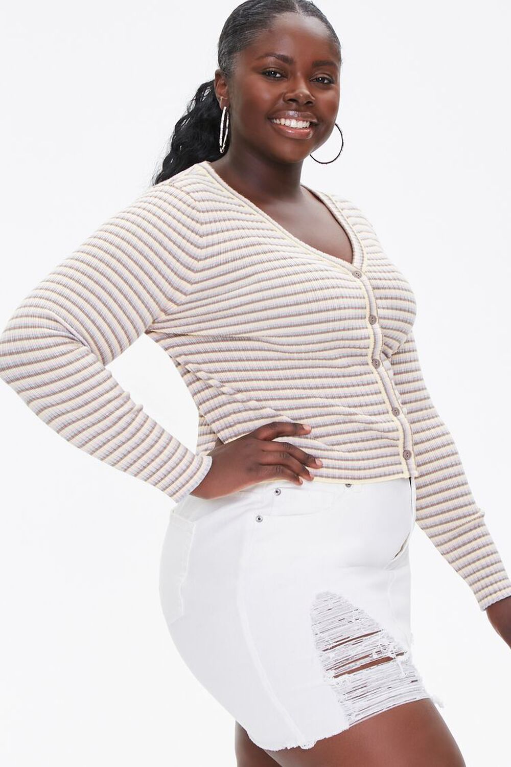 PINK/MULTI Plus Size Striped Cardigan Sweater, image 1