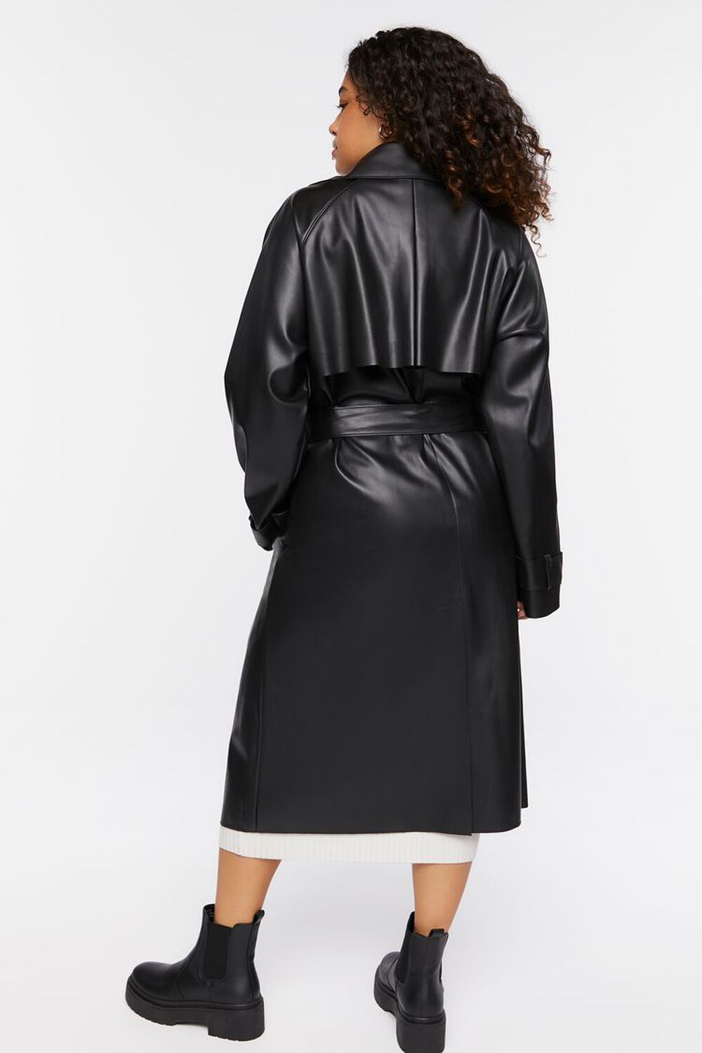 BLACK Plus Size Faux Leather Trench Coat, image 3