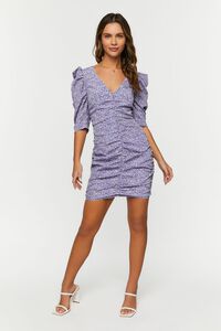 PURPLE/MULTI Ditsy Floral Ruched Puff-Sleeve Dress, image 4