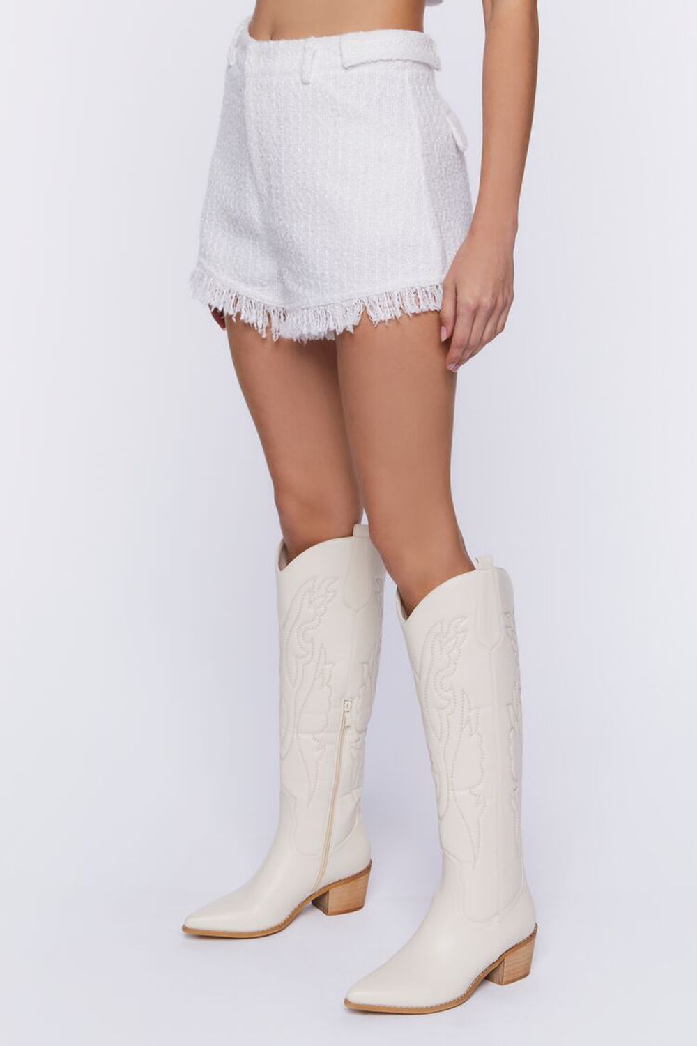WHITE/WHITE Tweed Frayed-Trim High-Rise Shorts, image 3