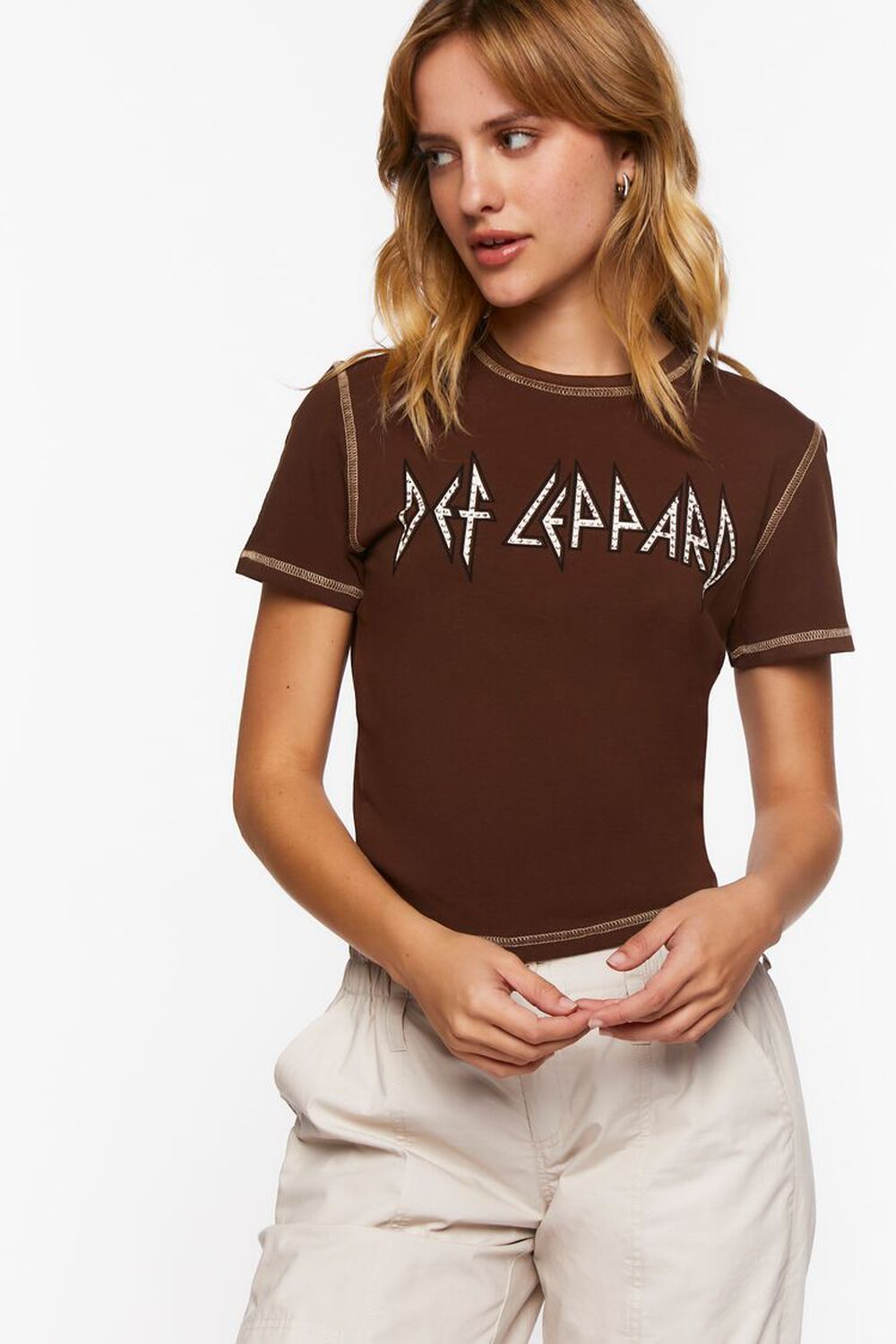 BROWN/MULTI Def Leppard Studded Graphic Baby Tee, image 1