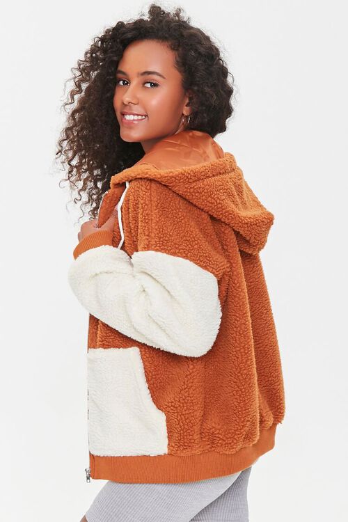 RUST/CREAM Colorblock Faux Shearling Hooded Jacket, image 2