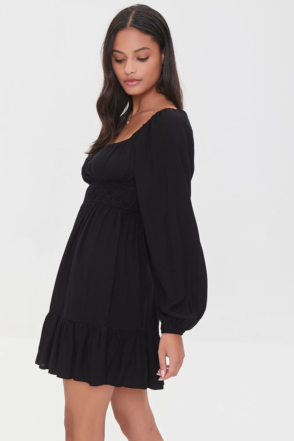 BLACK Twill Peasant-Sleeve Mini Dress, image 2