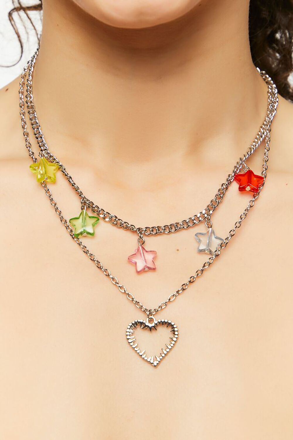 PINK/SILVER Star & Heart Charm Necklace Set, image 1