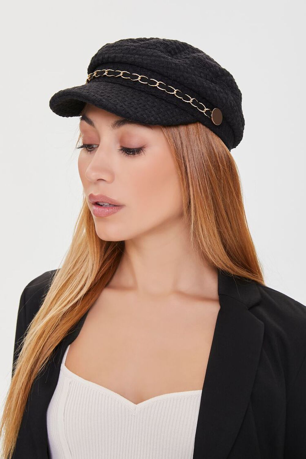 BLACK/GOLD Curb Chain Cabbie Hat, image 1