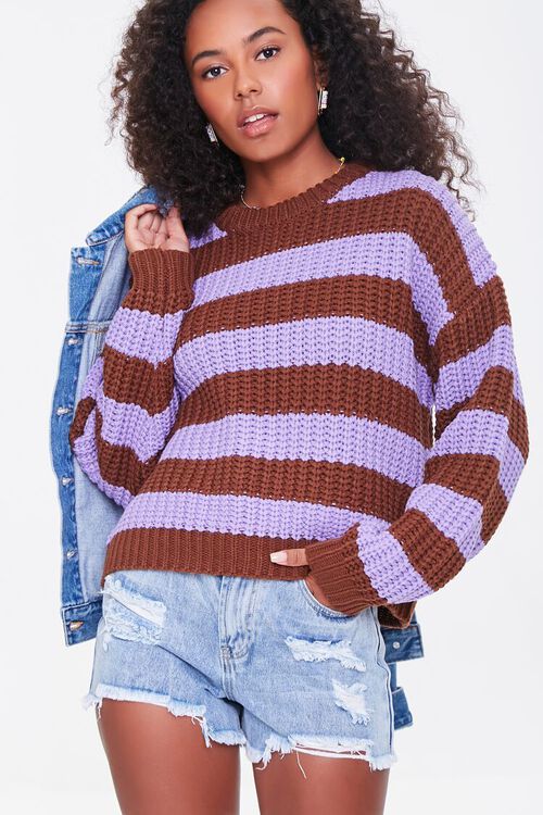 BROWN/PURPLE Striped Drop-Sleeve Sweater, image 1