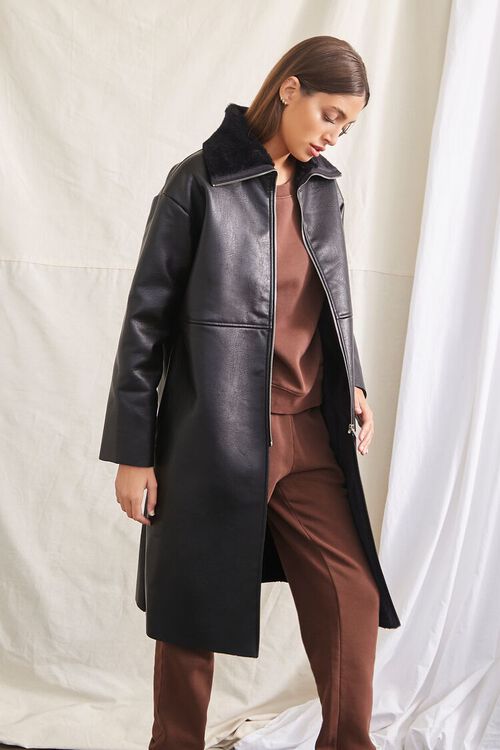 BLACK Faux Leather Longline Jacket, image 2