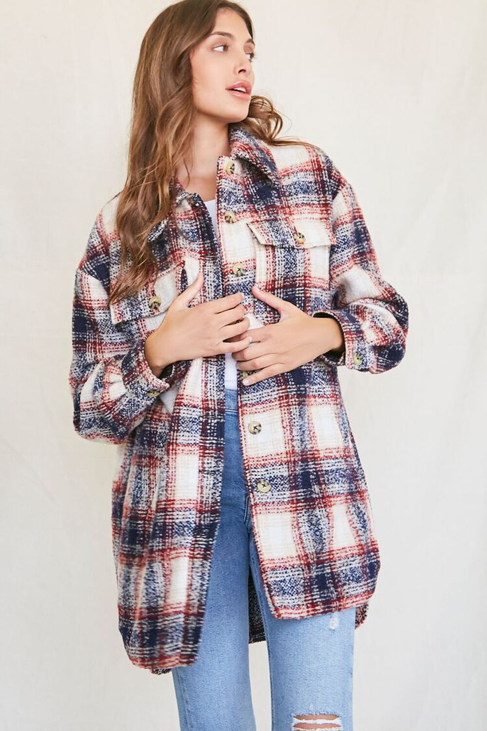 CREAM/RED Plaid Flannel Shacket, image 1
