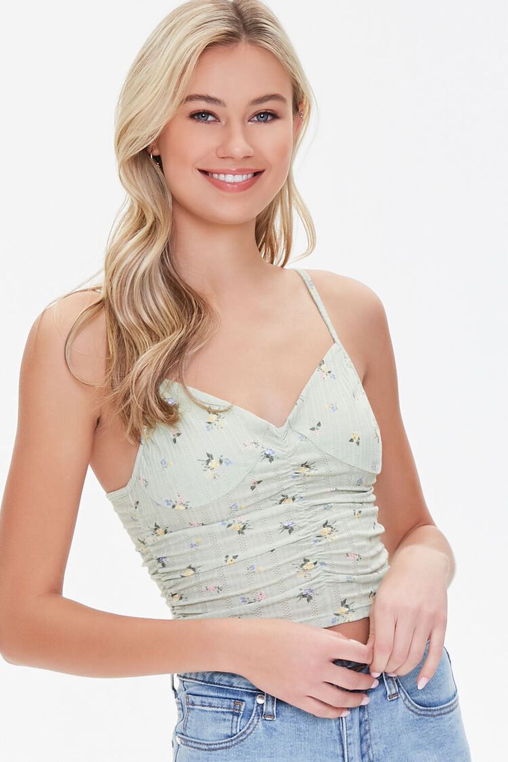 LIGHT GREEN/MULTI Floral Print Cropped Cami, image 1