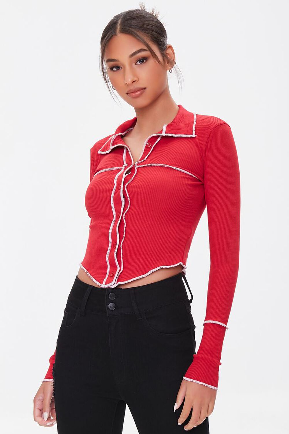 RED/WHITE Contrast Topstitched Shirt, image 1