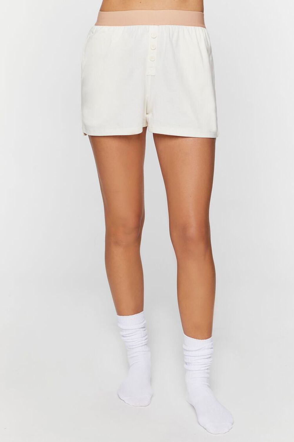 TAN/WHITE Colorblock Button-Front Pajama Shorts, image 2