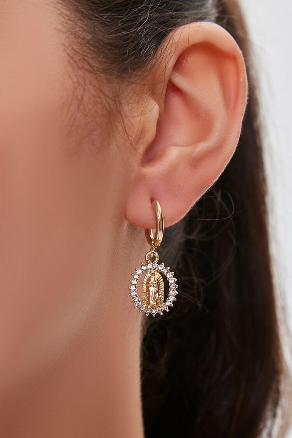 GOLD/CLEAR Our Lady of Guadalupe Pendant Drop Earrings, image 1