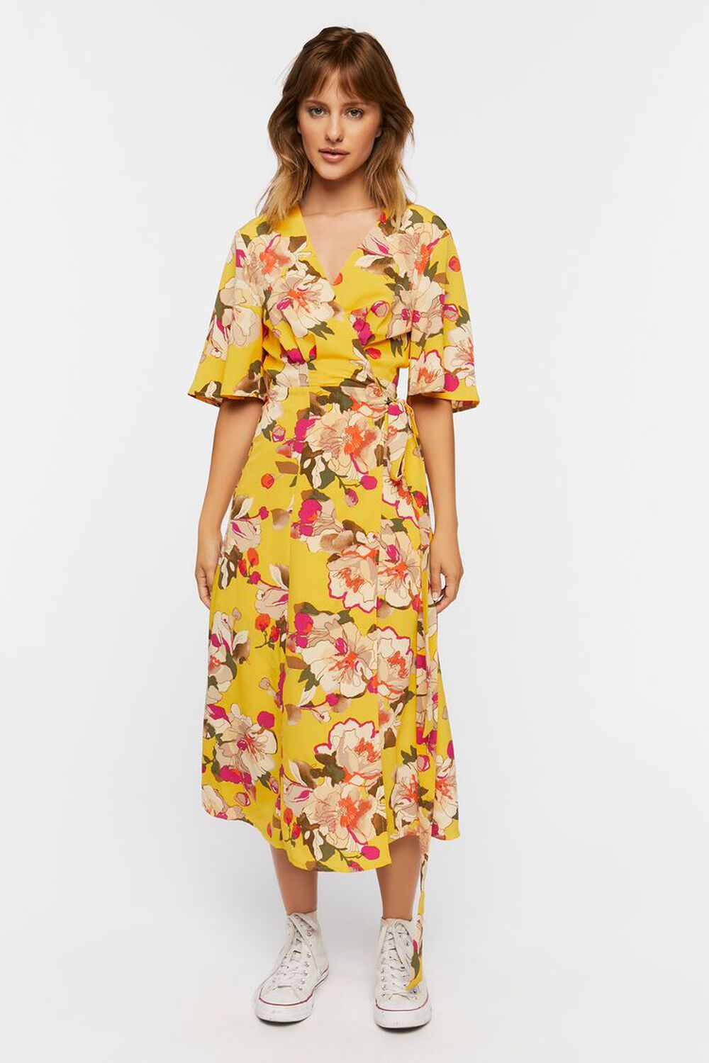 YELLOW/MULTI Floral Midi Wrap Dress, image 1