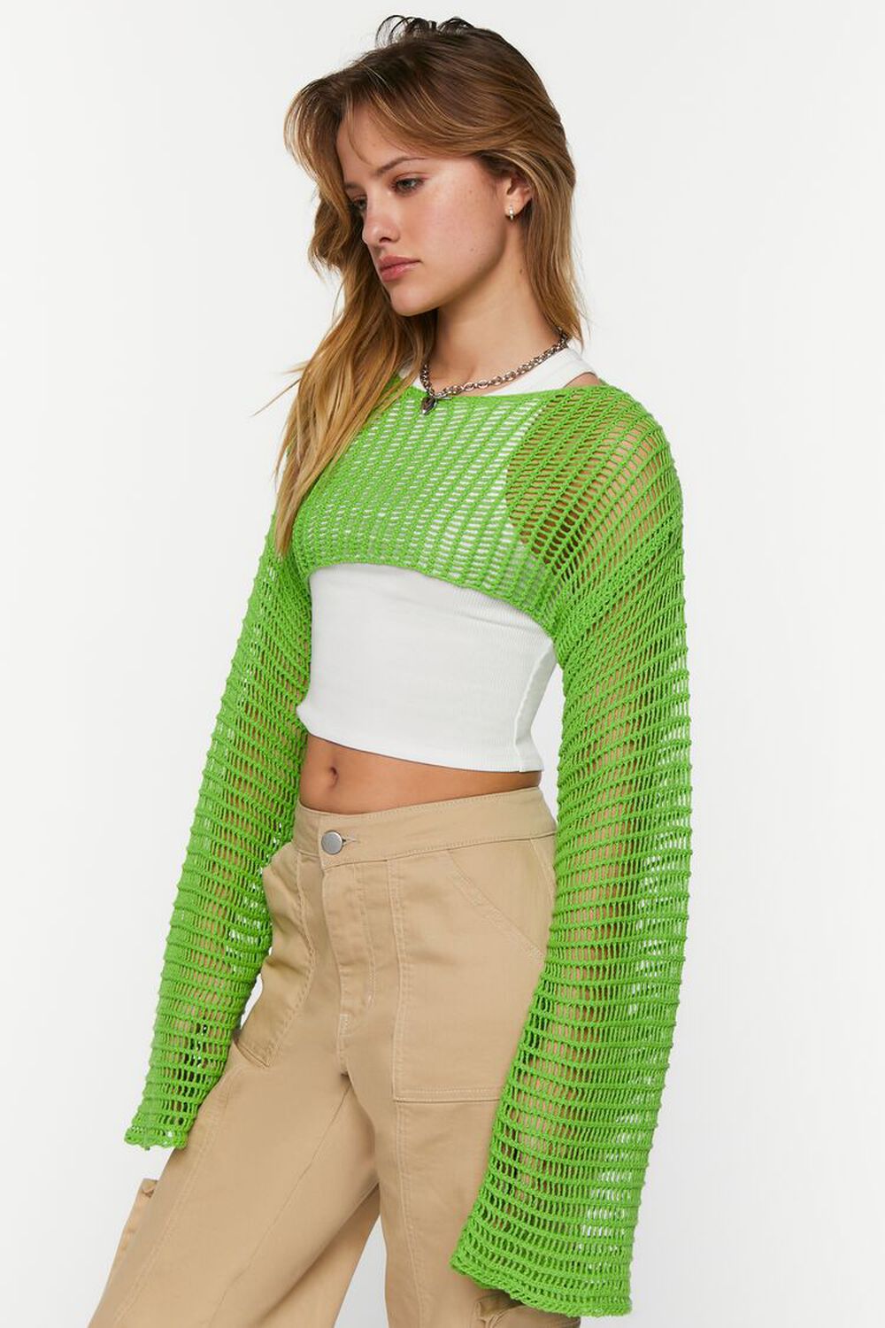 GREEN Netted Crochet Cropped Sweater, image 3