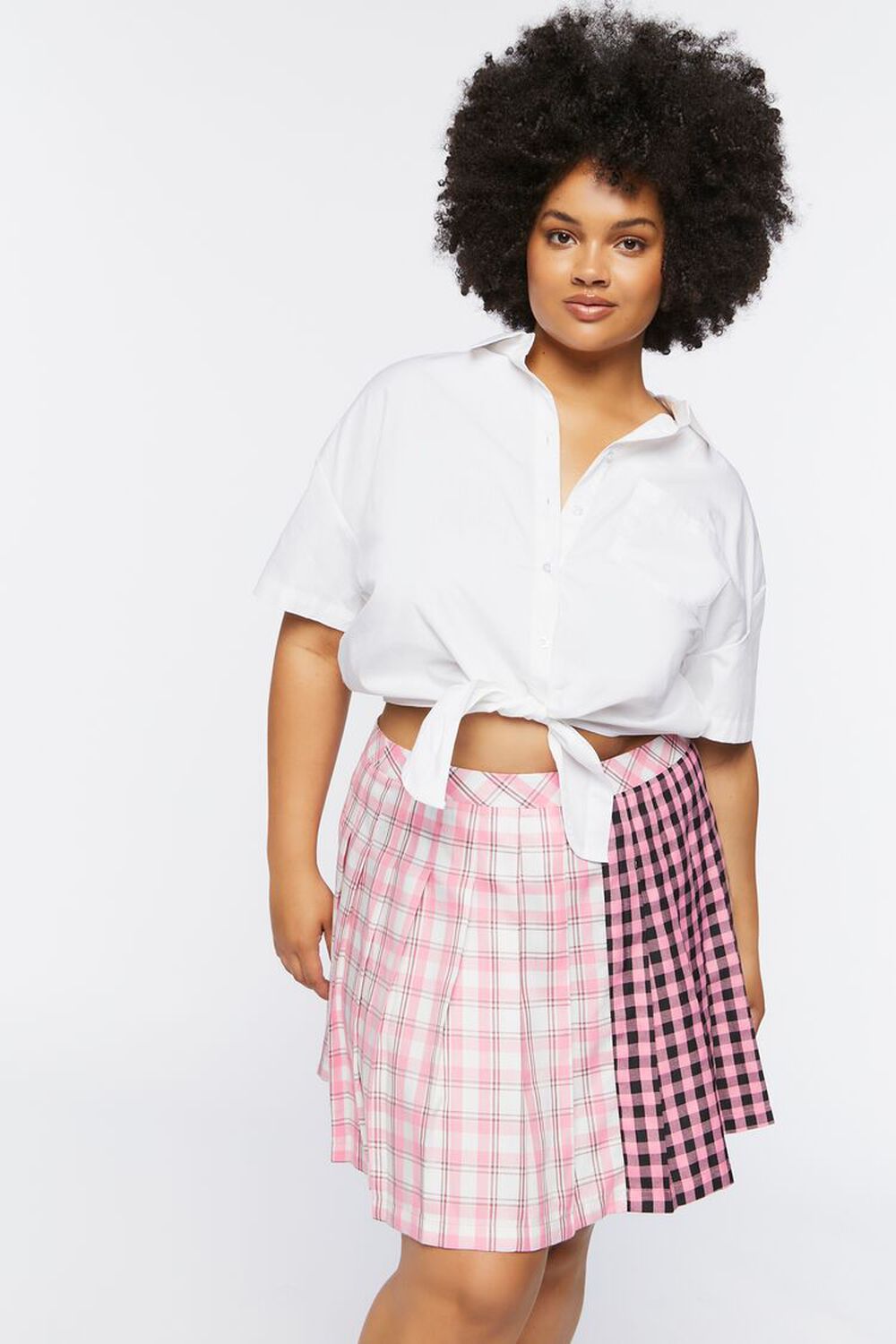 PINK/MULTI Plus Size Reworked Plaid Mini Skirt, image 1