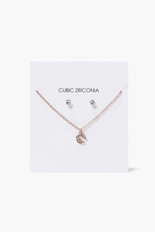 GOLD/C CZ Letter Necklace & Stud Earrings Set, image 1