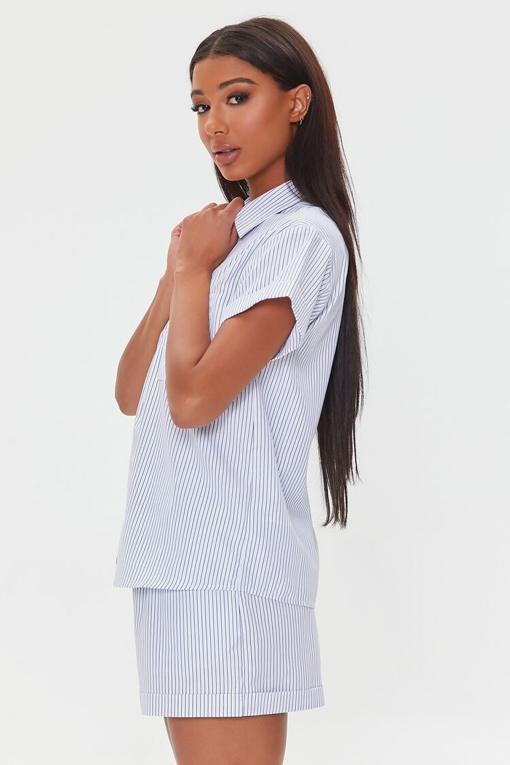 WHITE/NAVY Pinstriped Pajama Shirt & Shorts Set, image 2