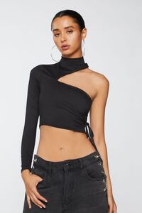 BLACK Ruched Cutout One-Sleeve Crop Top, image 1