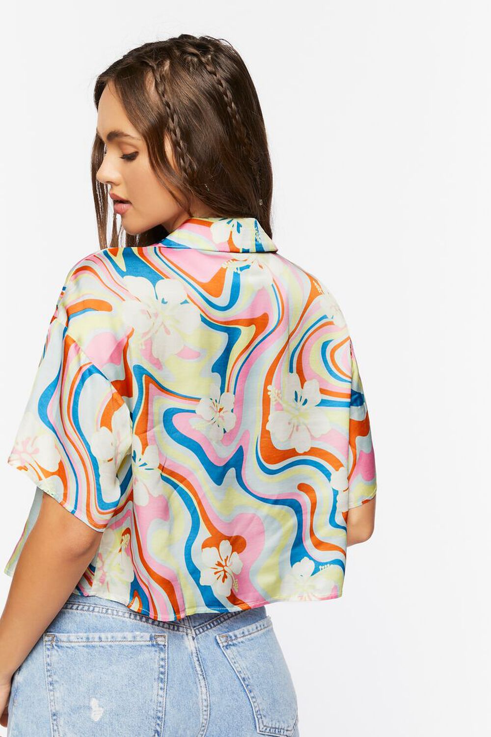 Tropical Floral Print Cropped Shirt, image 3