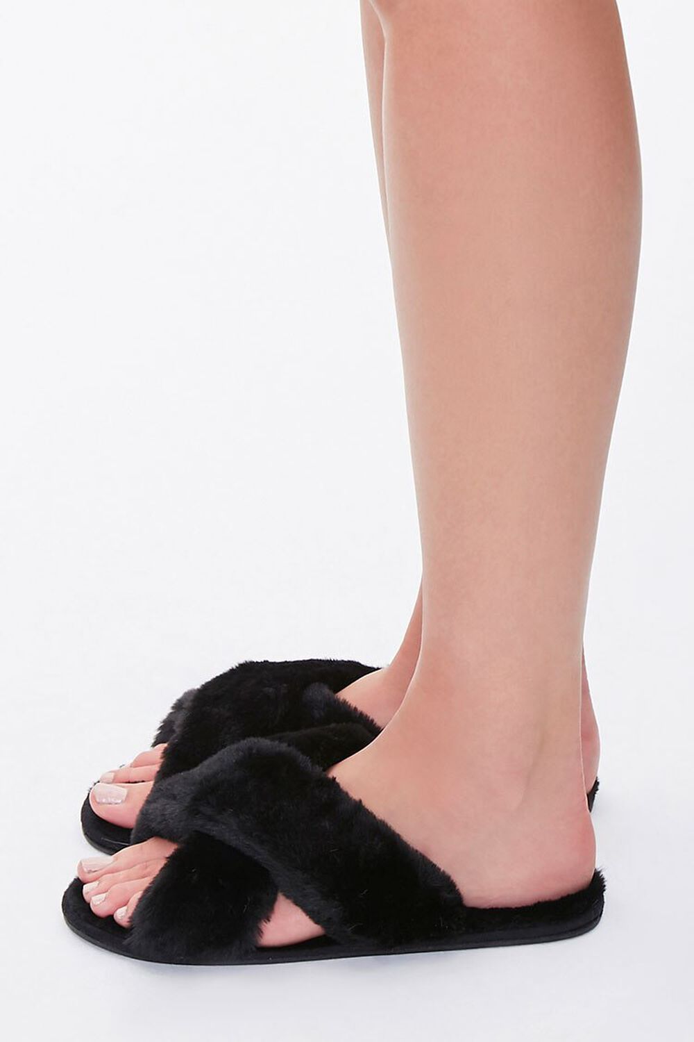 BLACK Faux Fur Crisscross Slippers, image 2