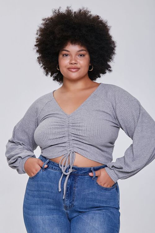 HEATHER GREY Plus Size Heathered Ruched Crop Top, image 1