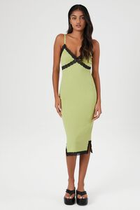 GREEN/BLACK Ribbed Lace-Trim Midi Dress, image 1