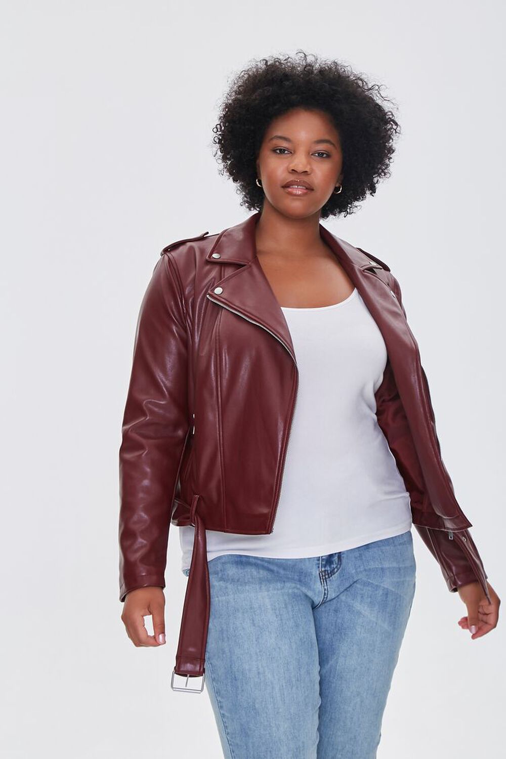 BURGUNDY Plus Size Faux Leather Moto Jacket, image 1