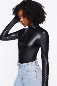 BLACK Faux Leather Long-Sleeve Bodysuit, image 2