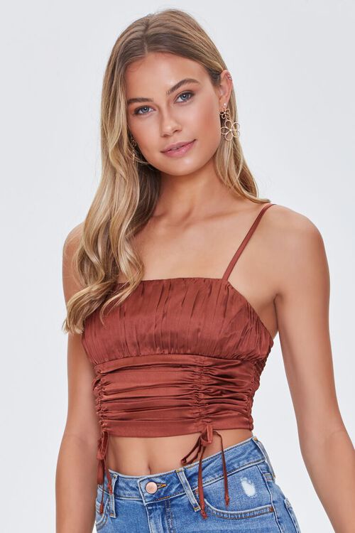 RUST Satin Ruched Cropped Cami, image 1