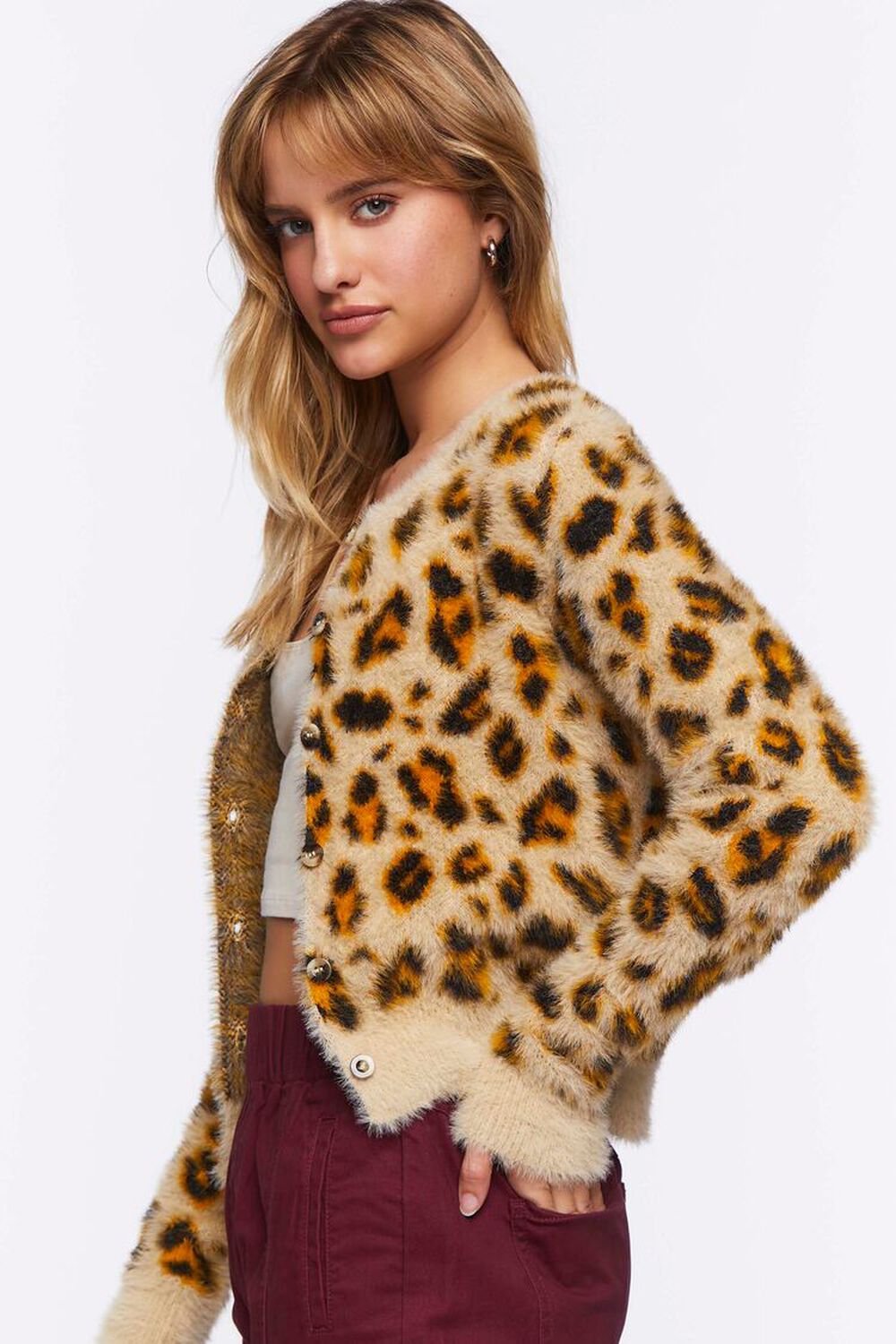 BROWN/MULTI Fuzzy Knit Leopard Cardigan Sweater, image 2