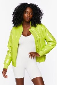 LIME Faux Patent Leather Bomber Jacket, image 2