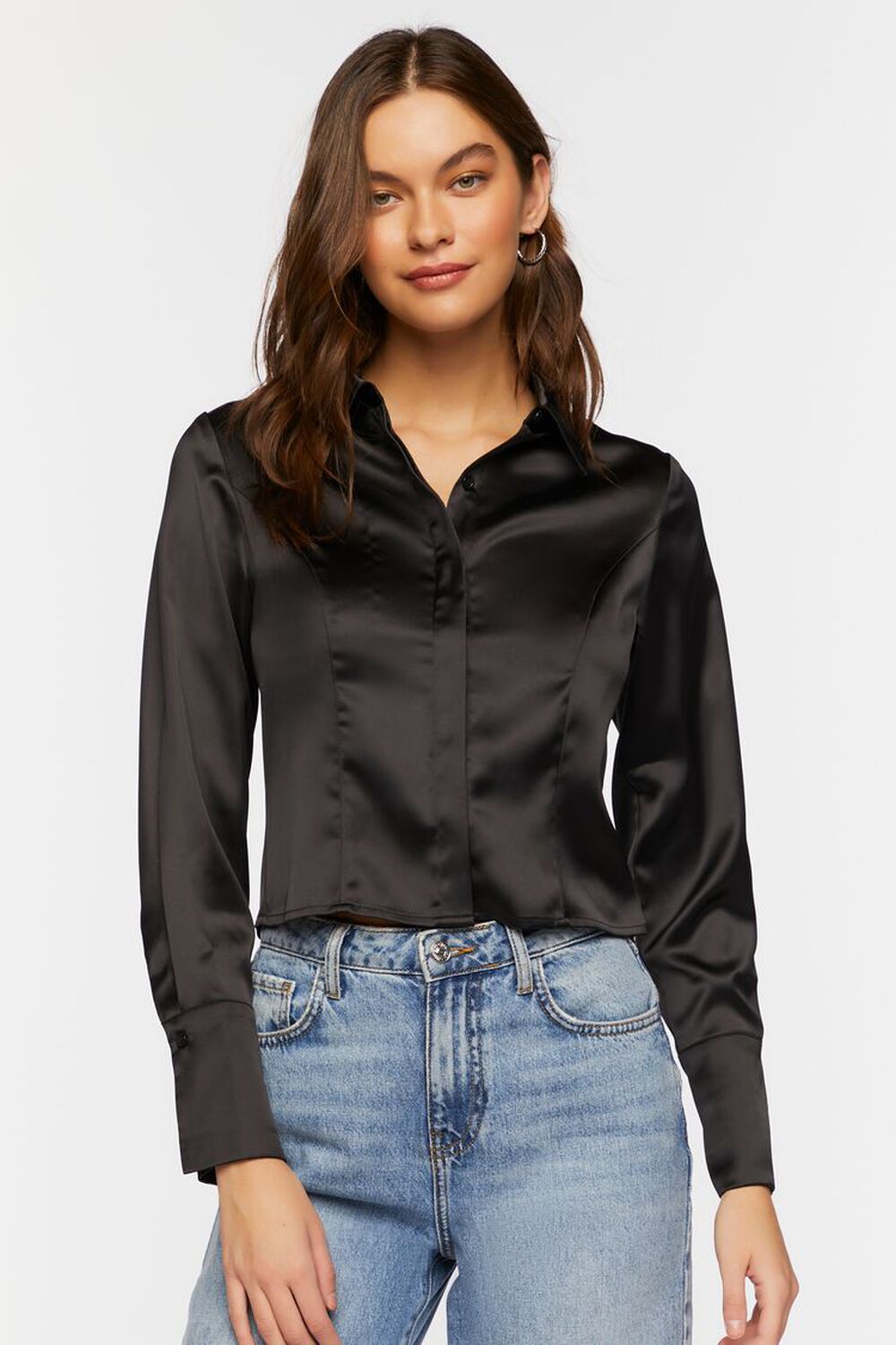 BLACK Long-Sleeve Satin Shirt, image 1