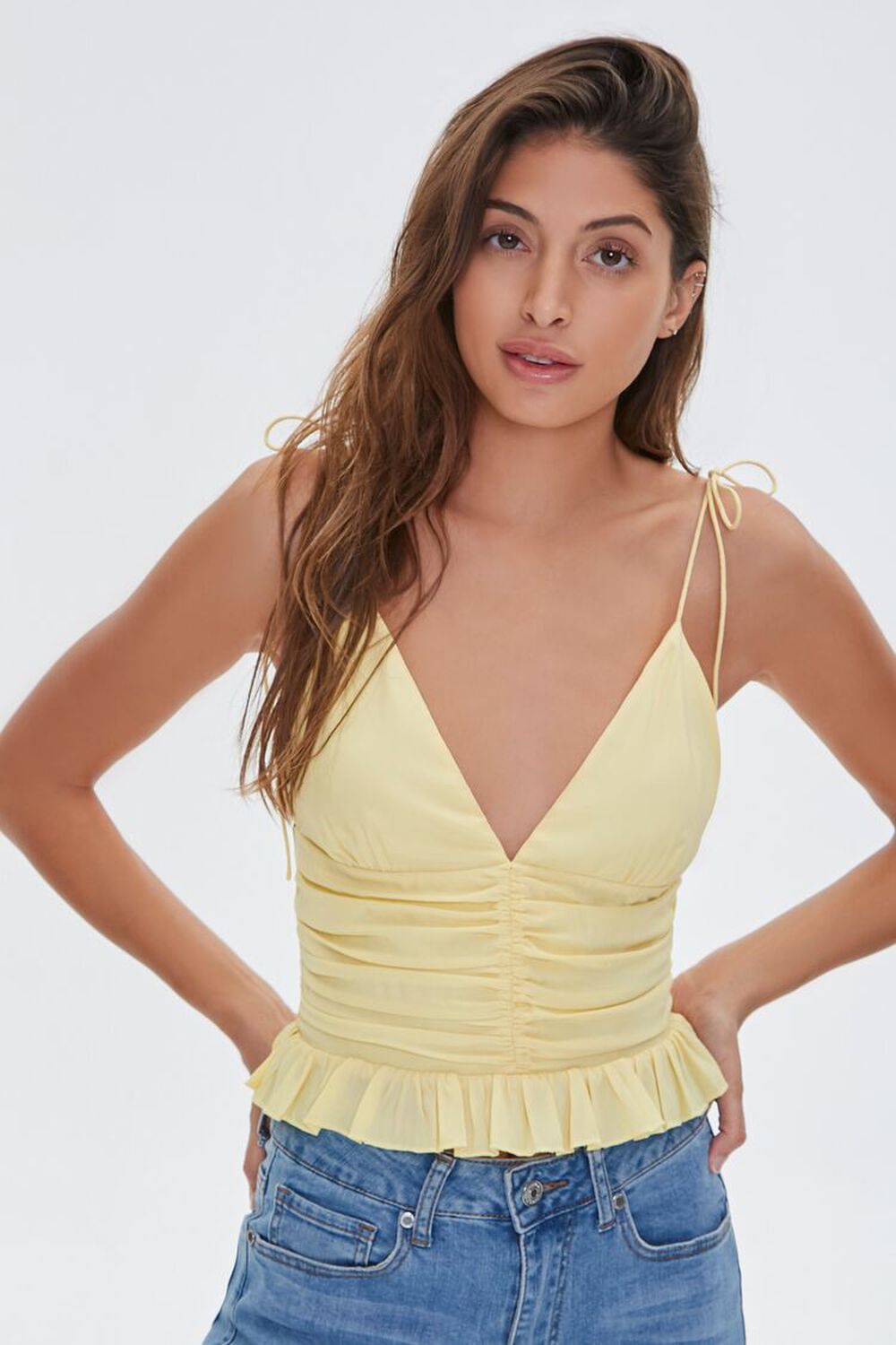 LIGHT YELLOW Tie-Strap Ruched Cami, image 1