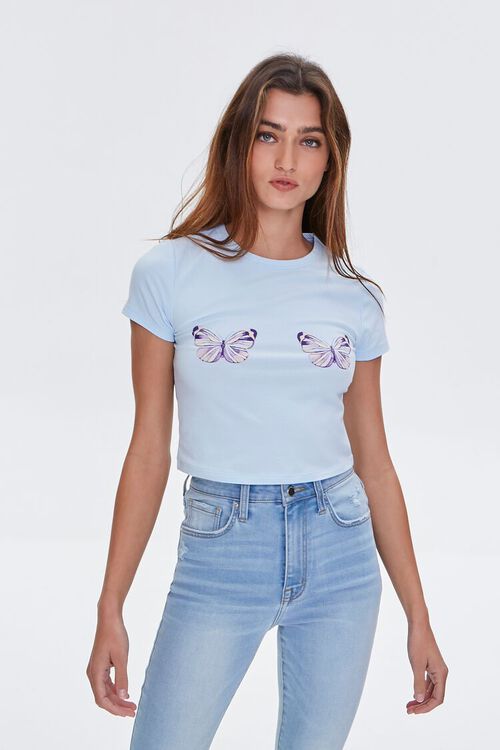 LIGHT BLUE/MULTI Butterfly Graphic Cropped Tee, image 1