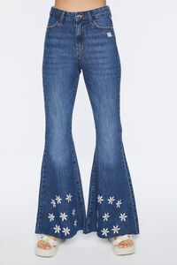 MEDIUM DENIM Recycled Cotton Embroidered Floral Flare Jeans, image 2
