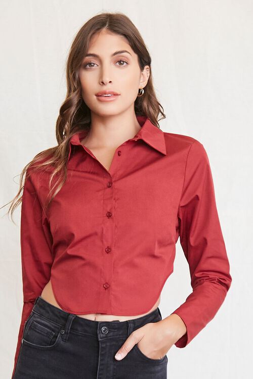 BURGUNDY Cutout Self-Tie Cropped Shirt, image 1