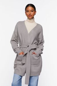 GREY Belted Longline Cardigan Sweater, image 1