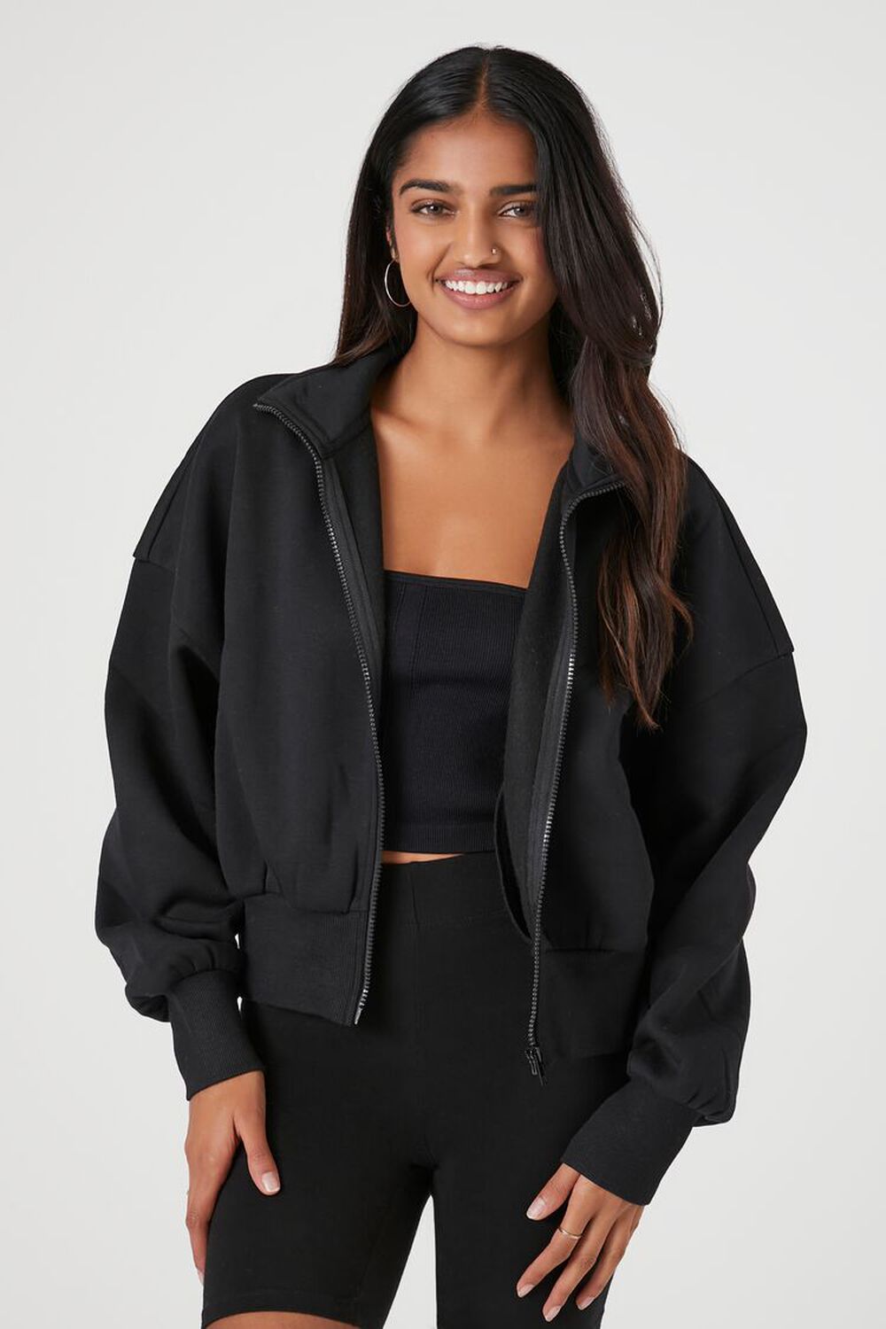 BLACK Heathered Fleece Zip-Up Jacket, image 1