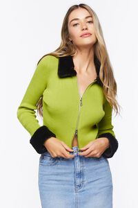 OLIVINE /BLACK Faux Fur-Trim Zip-Up Sweater, image 6