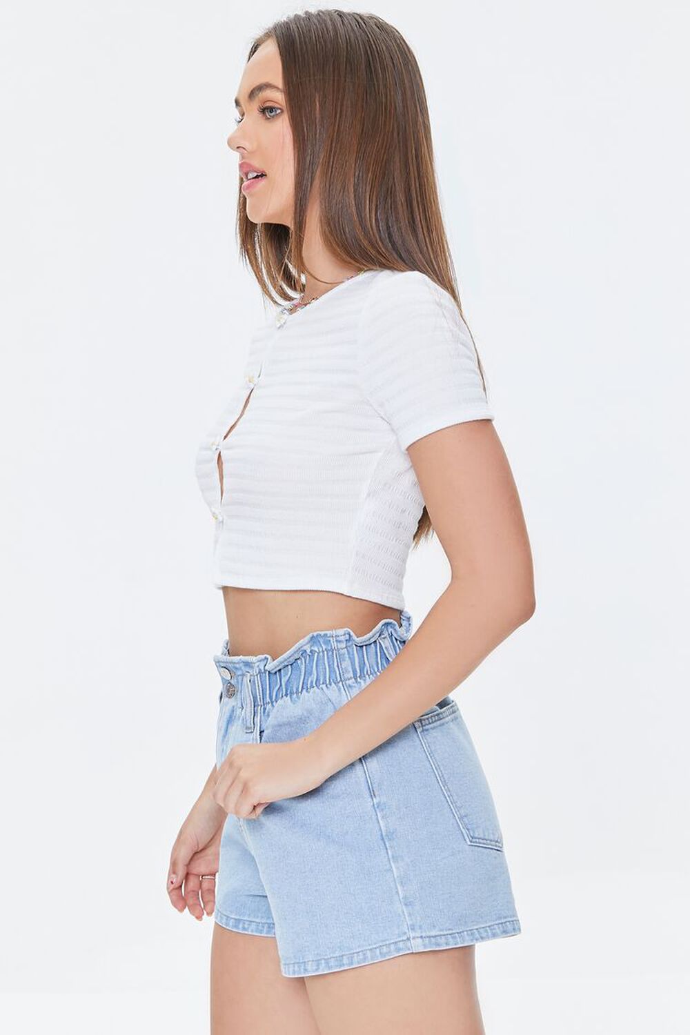 WHITE Ribbed Daisy Button-Up Crop Top, image 2