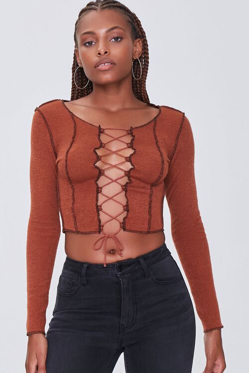 RUST Topstitched Lace-Up Crop Top, image 1