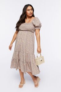 TAUPE/MULTI Plus Size Floral Puff-Sleeve Dress, image 4