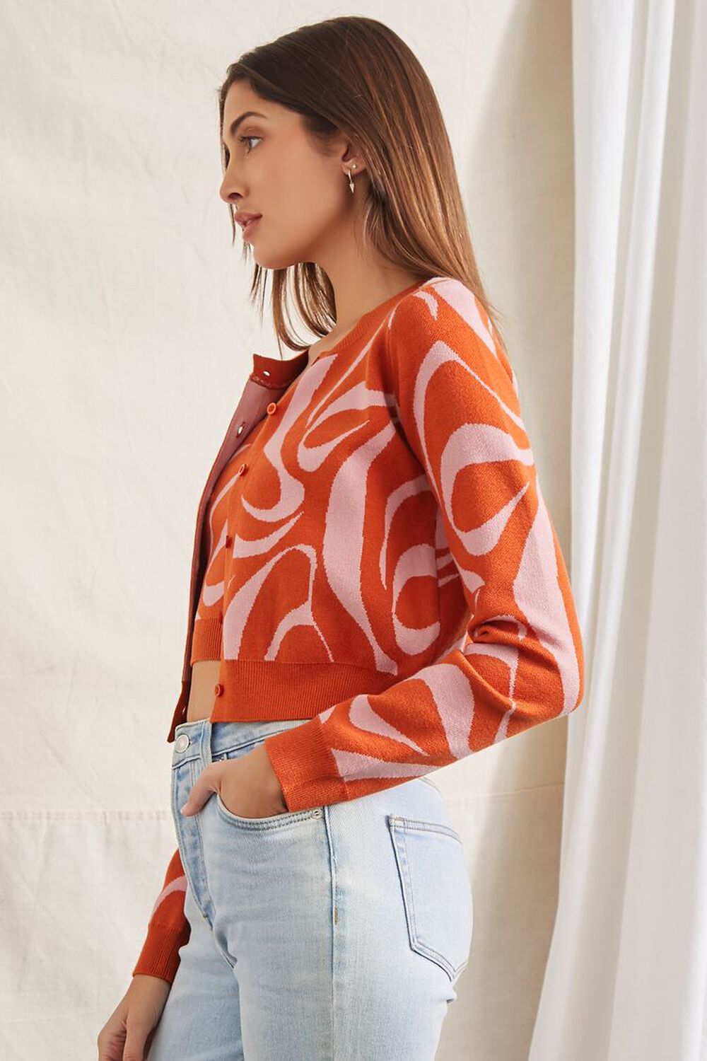 ORANGE/PINK Abstract Crop Top & Cardigan Sweater Set, image 2