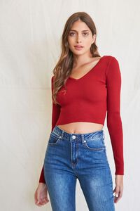 BURGUNDY Ribbed Cropped Sweater, image 1