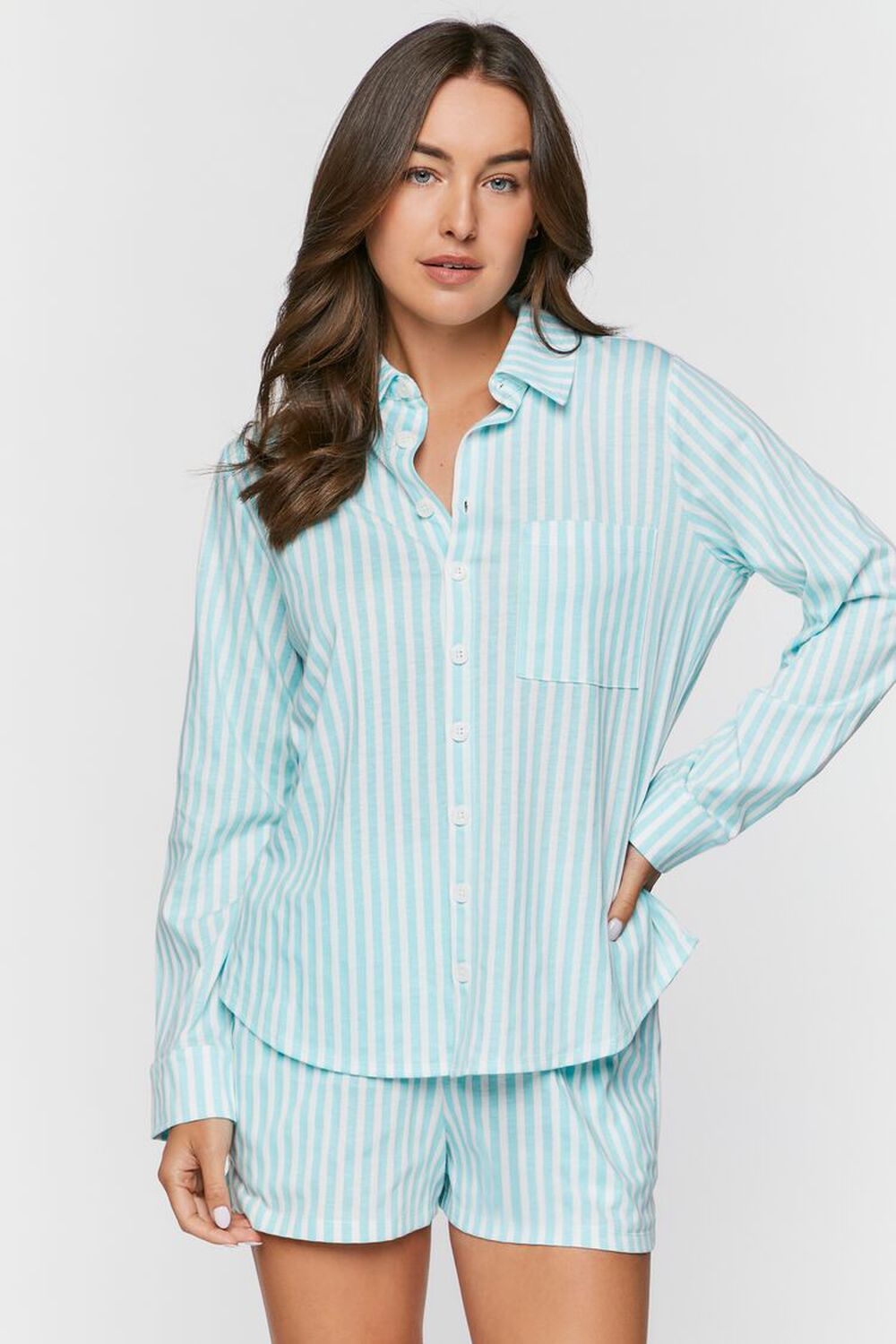 POWDER BLUE/WHITE Striped Button-Front Pajama Shorts, image 1