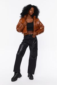 BROWN Faux Patent Leather Puffer Jacket, image 4