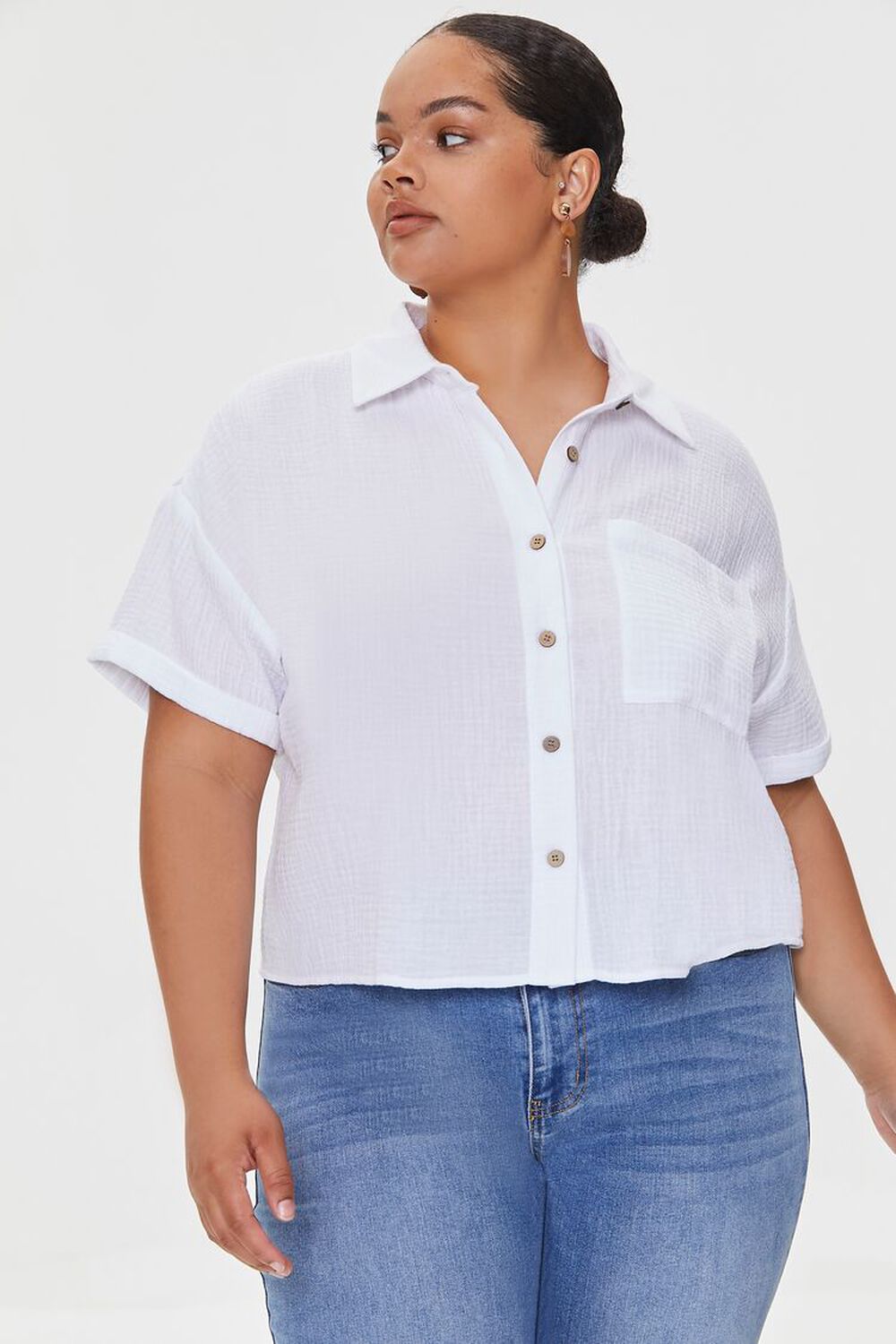 WHITE Plus Size Cotton Pocket Shirt, image 1