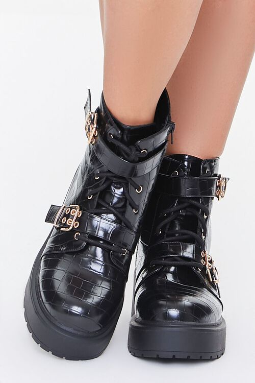 BLACK Faux Croc Leather Combat Boots (Wide), image 4